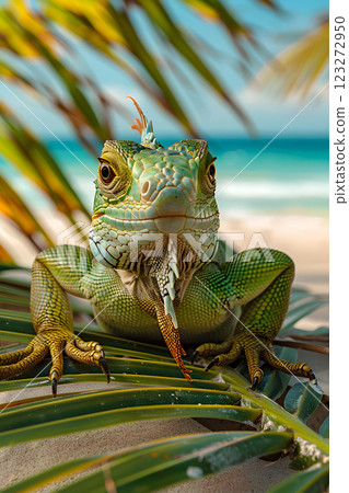 A green iguana peacefully sits on palm leaves by the beach, with a calm blue ocean in the backdrop. This scene perfectly captures the serene tropical wildlife environment 123272950