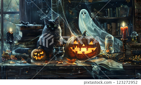 The Halloween library is decorated with a black cat, ghostly figure, and glowing Jackolanterns, lit by candles and cobwebs, setting a spooky atmosphere for the season 123272952