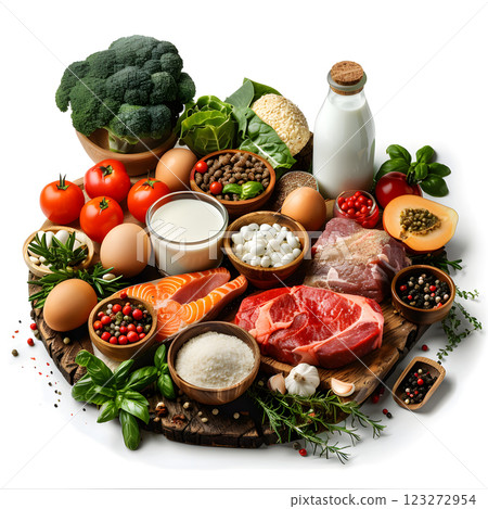 A variety of ingredients and natural foods are displayed on a wooden cutting board, including leaf vegetables like broccoli. These can be used to create a delicious dish or recipe 123272954