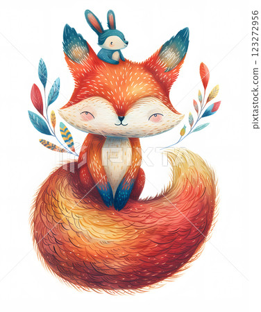 The delightful art features a whimsical fox and a cute bunny in a colorful forest setting, ideal for childrens decor. It conveys a playful and friendly vibe, perfect for a nursery 123272956