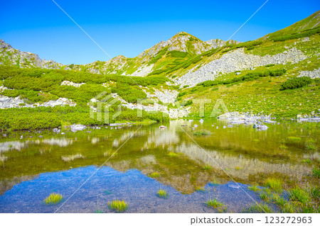 At Bystra Mountain in the Tatras, Slovakia, a tranquil lake reflects the vibrant blue sky and lush greenery. The mountainous terrain invites exploration and appreciation of nature's beauty. At Bystra Mountain in the Tatras, Slovakia, a tranquil lake reflects the vibrant blue sky and lush greenery. The mountainous terrain invites exploration and appreciation of nature's beauty. 123272963