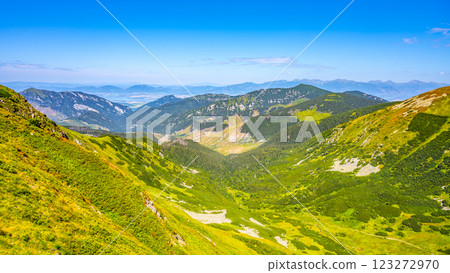 A stunning panorama of the Low Tatras National Park showcases lush green hills and distant mountains under a clear blue sky, inviting exploration and appreciation of Slovakia's natural beauty. A stunning panorama of the Low Tatras National Park showcases lush green hills and distant mountains under a clear blue sky, inviting exploration and appreciation of Slovakia's natural beauty. 123272970