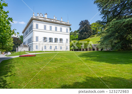 Nestled on the shores of Lake Como, Villa Melzi showcases neoclassical architecture amidst lush gardens, inviting visitors to enjoy the serene beauty and historical charm of Bellagio. Nestled on the shores of Lake Como, Villa Melzi showcases neoclassical architecture amidst lush gardens, inviting visitors to enjoy the serene beauty and historical charm of Bellagio. 123272983