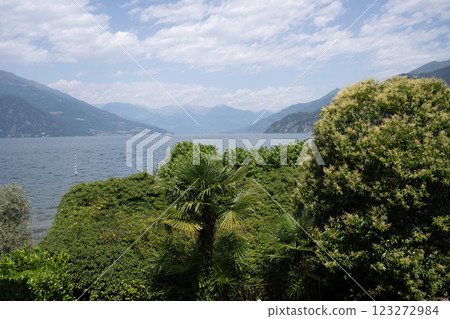 A tranquil vista featuring Lake Como's shimmering waters, framed by lush greenery and hills. The soft clouds above add to the serene beauty of this Italian landscape. A tranquil vista featuring Lake Como's shimmering waters, framed by lush greenery and hills. The soft clouds above add to the serene beauty of this Italian landscape. 123272984