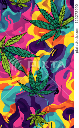 This artistic background showcases abstract waves and cannabis leaves, ideal for modern projects seeking a dynamic and stylish design with a touch of botanical inspiration 123272990