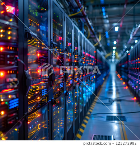 A row of electric blue servers with glass panels and metal fixtures are symmetrically lined up in the server room, powered by electricity and engineering technology 123272992