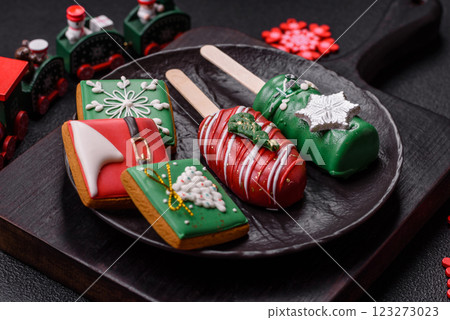 Natural popsicle ice cream on a stick in the style and colors of Christmas 123273023