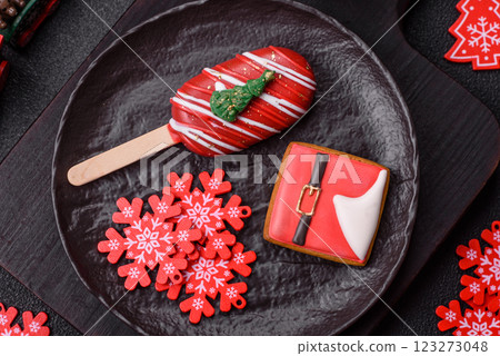 Natural popsicle ice cream on a stick in the style and colors of Christmas Natural popsicle ice cream on a stick in the style and colors of Christmas 123273048