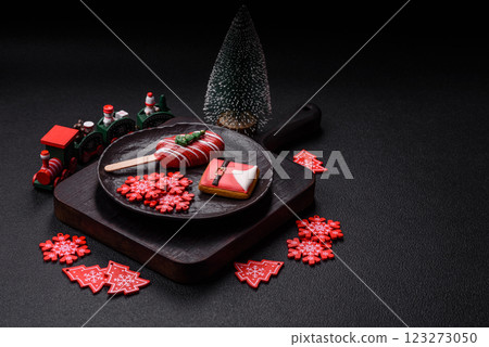 Natural popsicle ice cream on a stick in the style and colors of Christmas Natural popsicle ice cream on a stick in the style and colors of Christmas 123273050