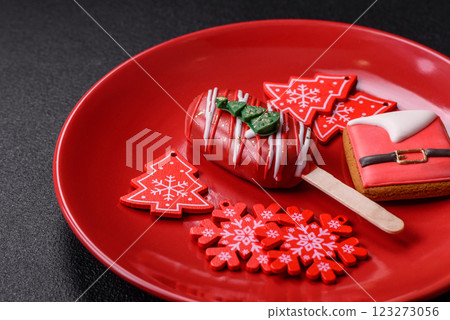 Natural popsicle ice cream on a stick in the style and colors of Christmas Natural popsicle ice cream on a stick in the style and colors of Christmas 123273056