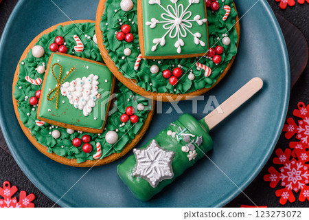Natural popsicle ice cream on a stick in the style and colors of Christmas Natural popsicle ice cream on a stick in the style and colors of Christmas 123273072