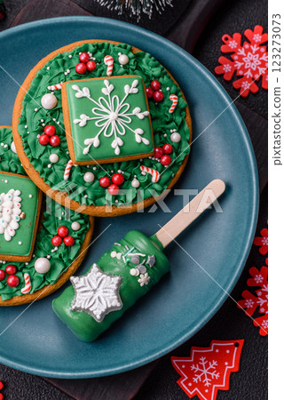 Natural popsicle ice cream on a stick in the style and colors of Christmas Natural popsicle ice cream on a stick in the style and colors of Christmas 123273073