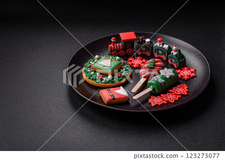 Natural popsicle ice cream on a stick in the style and colors of Christmas 123273077