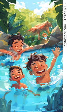 Three enthusiastic kids are joyfully playing and swimming in an outdoor pool on a sunny day, surrounded by greenery, creating a perfect summer setting for fun and laughter 123273216