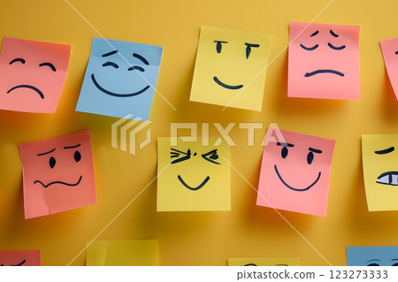 Sticky notes display handdrawn emoticon faces depicting various emotions on a yellow background. The detailed artwork conveys feelings ranging from happiness to sadness 123273333