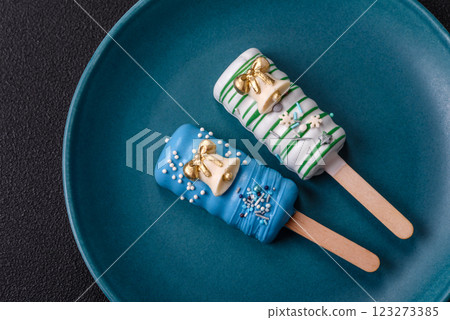 Natural popsicle ice cream on a stick in the style of Christmas 123273385