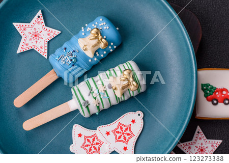 Natural popsicle ice cream on a stick in the style of Christmas Natural popsicle ice cream on a stick in the style of Christmas 123273388
