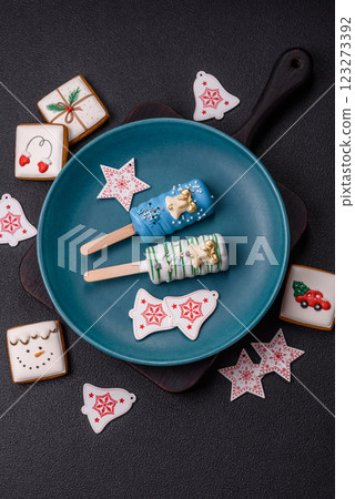 Natural popsicle ice cream on a stick in the style of Christmas Natural popsicle ice cream on a stick in the style of Christmas 123273392