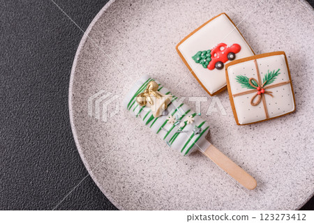 Natural popsicle ice cream on a stick in the style of Christmas Natural popsicle ice cream on a stick in the style of Christmas 123273412