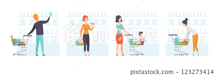 Man and Woman at Supermarket and Grocery Store Shopping Vector Set Man and Woman at Supermarket and Grocery Store Shopping Vector Set 123273414
