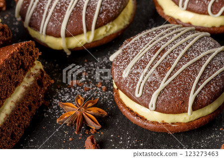 Whoopie pie with orange cream. Delicious homemade dessert. Whoopie pie with orange cream. Delicious homemade dessert. 123273463