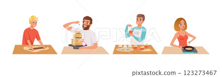 Man and Woman Cooking and Enjoy Culinary Process at Kitchen Vector Set 123273467