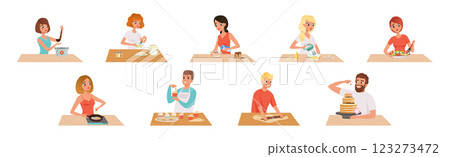 Man and Woman Cooking and Enjoy Culinary Process at Kitchen Vector Set 123273472
