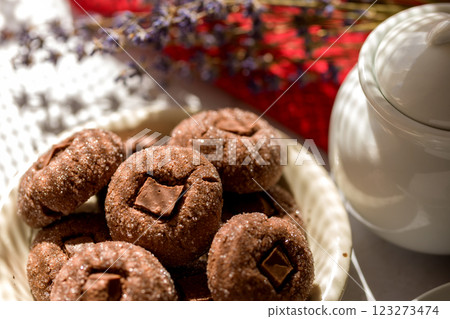 Coffee cookies with chocolate. Delicious homemade dessert. Coffee cookies with chocolate. Delicious homemade dessert. 123273474