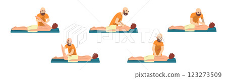 Man Osteopath and Manual Therapist Massaging Patient Vector Set 123273509