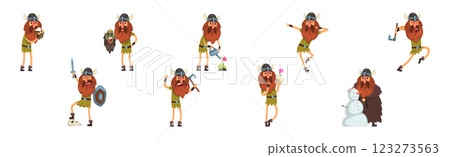 Funny Viking Bearded Man in Helmet with Horn Vector Set Funny Viking Bearded Man in Helmet with Horn Vector Set 123273563
