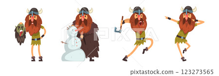 Funny Viking Bearded Man in Helmet with Horn Vector Set Funny Viking Bearded Man in Helmet with Horn Vector Set 123273565