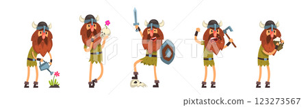 Funny Viking Bearded Man in Helmet with Horn Vector Set 123273567