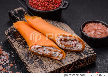 Crepes rolled with cream cheese sweet or sour Crepes rolled with cream cheese sweet or sour 123273617