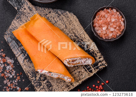 Crepes rolled with cream cheese sweet or sour Crepes rolled with cream cheese sweet or sour 123273618