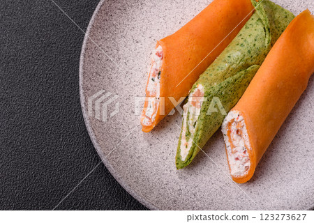 Crepes rolled with cream cheese sweet or sour Crepes rolled with cream cheese sweet or sour 123273627