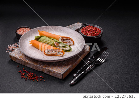 Crepes rolled with cream cheese sweet or sour Crepes rolled with cream cheese sweet or sour 123273633