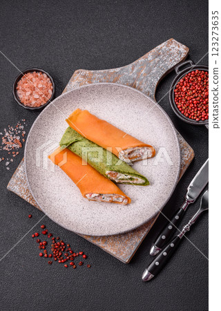 Crepes rolled with cream cheese sweet or sour Crepes rolled with cream cheese sweet or sour 123273635