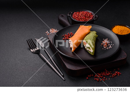 Crepes rolled with cream cheese sweet or sour Crepes rolled with cream cheese sweet or sour 123273636