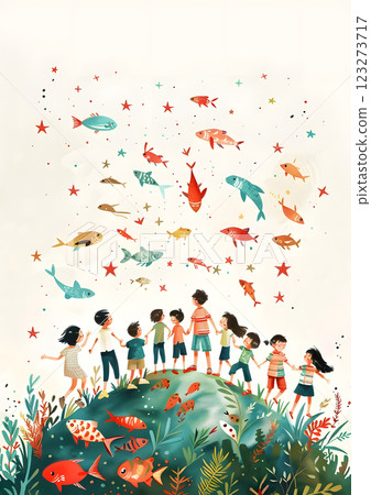 In a whimsical scene, children are holding hands on a hill amidst colorful fish and stars, symbolizing unity and creativity in a fantasy world full of imagination and innocence 123273717