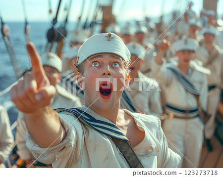 A man in a sailors uniform is playfully gesturing towards something in the air, with a smile on his face. He is wearing a hat and eyewear, enjoying a recreational event with fans of travel and fun 123273718