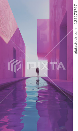 The striking purple architecture embodies modern creativity, blending art and aesthetic seamlessly in a tranquil setting with a serene pool, reflecting contemporary innovation 123273767