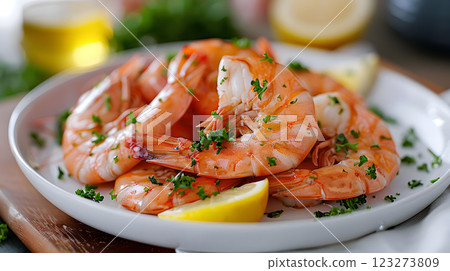 A plate of scampi, a staple food made with shrimp and lemon slices, served on a white plate, a delicious seafood dish 123273809