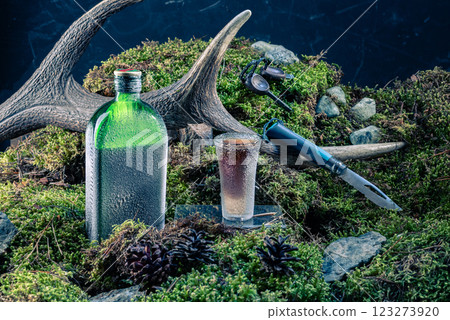 A drink in a bottle and a tourist knife on moss. A bottle of liquor and a forest. Forest composition. 123273920