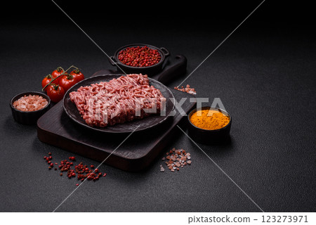 Fresh raw ground minced beef with salt and spices 123273971