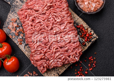 Fresh raw ground minced beef with salt and spices Fresh raw ground minced beef with salt and spices 123273981