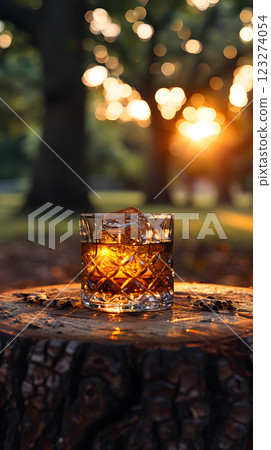 An elegant whiskey glass sits on a rustic tree stump, illuminated by the warm sunset light against a serene nature backdrop. Ideal for themes centered around relaxation and leisure 123274054