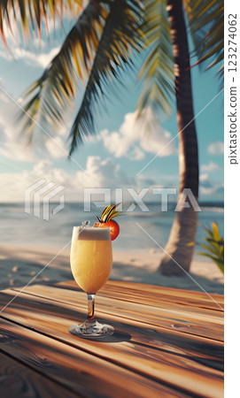 Imagine yourself unwinding with a tropical cocktail on a wooden deck, gazing at a beach, palm trees, and the ocean under a partly cloudy sky. Perfect for relaxing and enjoying a daydream 123274062