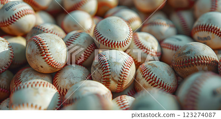 A stack of baseballs, made of natural materials, is a staple in batandball games. This sports equipment is essential for team sports and ball games 123274087