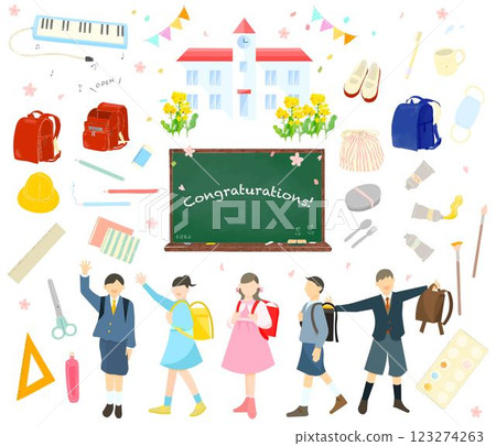 Set icons of school tools and elementary school children's entrance ceremony stylish hand-drawn illustration vector material Set icons of school tools and elementary school children's entrance ceremony stylish hand-drawn illustration vector material 123274263
