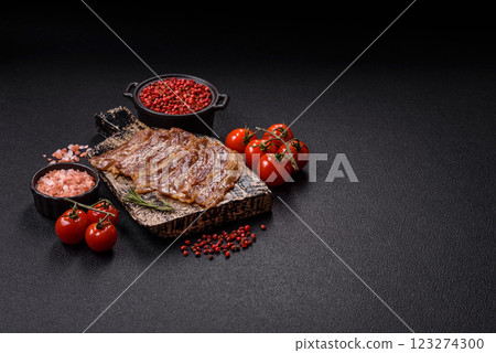 Crispy fried pork bacon sliced with salt, spices and herbs 123274300